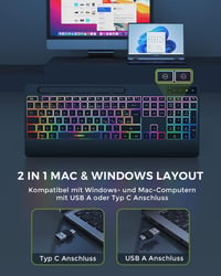 seenda Vezeték Nélküli Billentyűzet-Egér Szett, RGB Háttérvilágítással, Csuklótámasszal, USB/Type-C, Telefontartóval, QWERTZ, PC/Mac 5