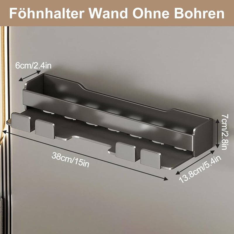 W&H Hajszárító Tartó Fali Fúrás Nélküli Rozsdamentes Acél Állvány Dyson Airwrap Styler Hajformázókhoz - Fekete