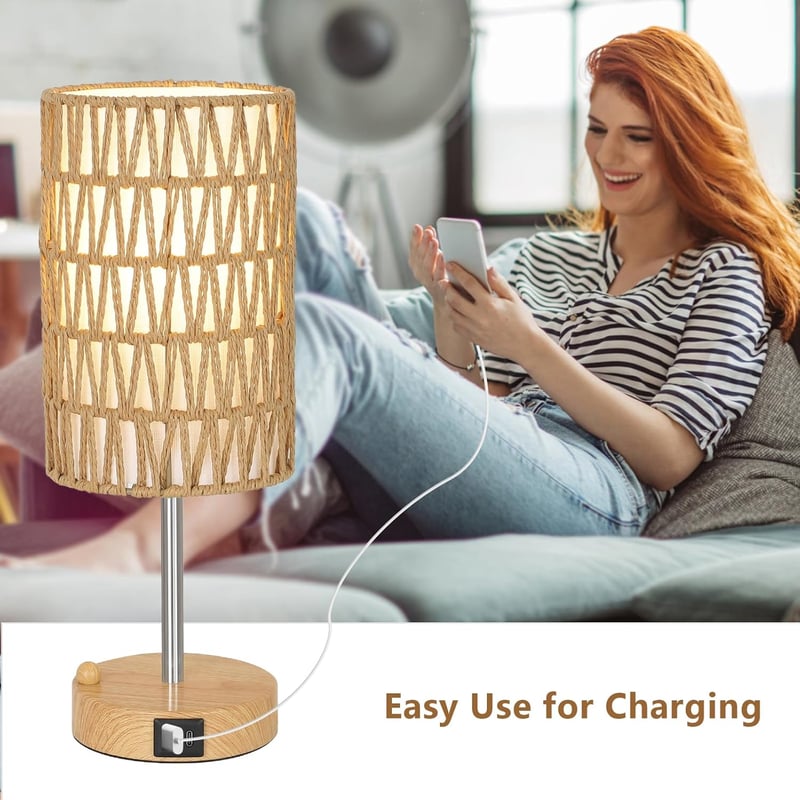 Rayofly Érintésvezérelt Éjjeli Lámpa Szett - 2 db Rattan Búrás Vintage Asztali Lámpa USB-A/C Töltővel, LED Izzóval, Bohém Stílusban Hálószob