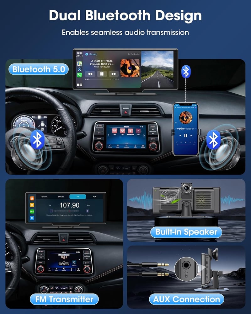 Driveplay 10,26" Vezeték Nélküli Carplay Autós Kijelző 2,5K Fedélzeti Kamerával - Tükrözés, Dupla Bluetooth 5.0, Siri/Google Támogatás, 64GB