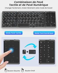 MoKo Összecsukható Bluetooth Billentyűzet - Vezeték Nélküli Francia AZERTY Érintőpaddal és Numerikus Billentyűzettel, 3 Eszközhöz, Újratölth 2