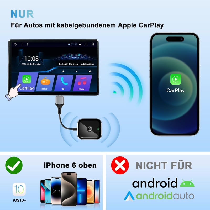 AIZEO Vezeték Nélküli CarPlay Adapter - Gyors Átalakítás Vezetékes CarPlayről Vezeték Nélkülire, Mini Méretű, iPhone Kompatibilis