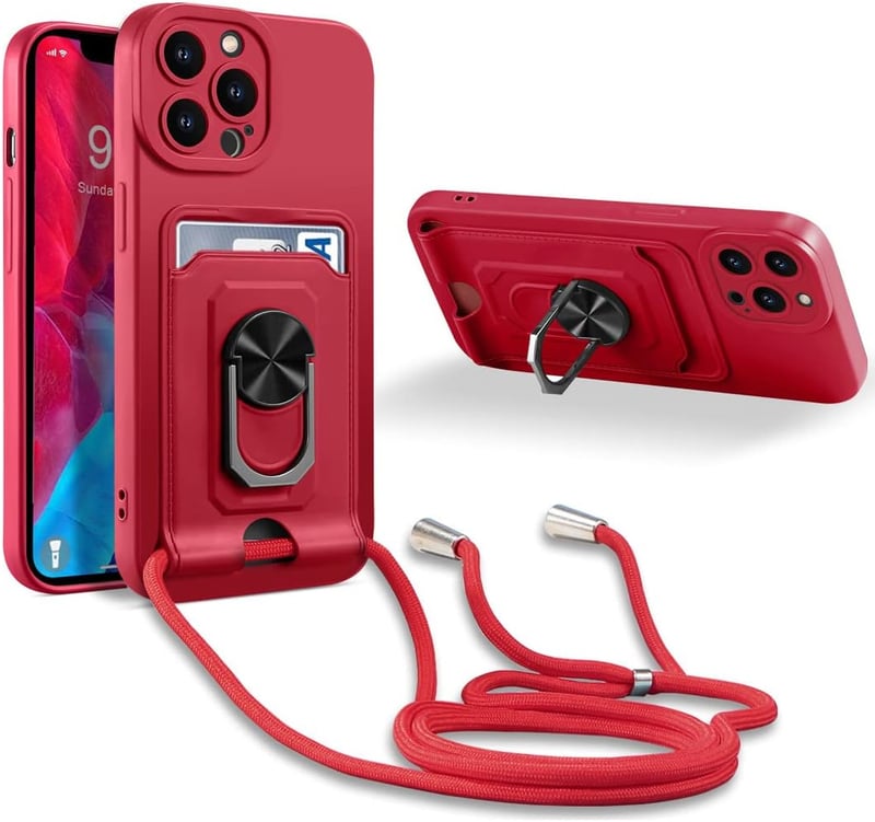 iPhone 15 Pro Max Piros Védőtok - 360° Gyűrűs Állvány, Kártyatartó, Mágneses