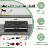 DELITEER Üvegkerámia Főzőlap 60 cm, 4 Zónás, 6600W, Érintőgombos Vezérlés, Dupla Zónával, Beépíthető Elektromos Főzőfelület, 240V 6