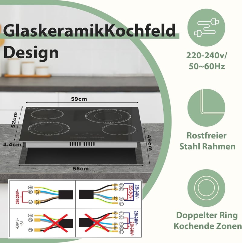 DELITEER Üvegkerámia Főzőlap 60 cm, 4 Zónás, 6600W, Érintőgombos Vezérlés, Dupla Zónával, Beépíthető Elektromos Főzőfelület, 240V