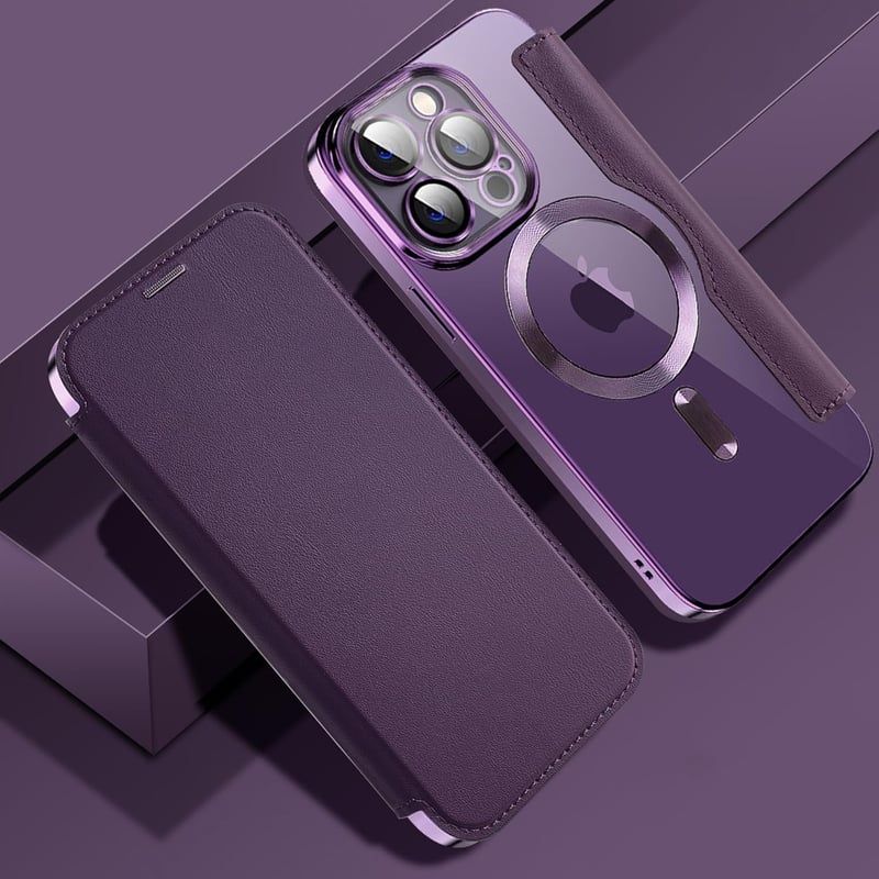 iPhone 15 Pro MagSafe Kompatibilis Sötétlila Bőr Flip Tok RFID Védelemmel