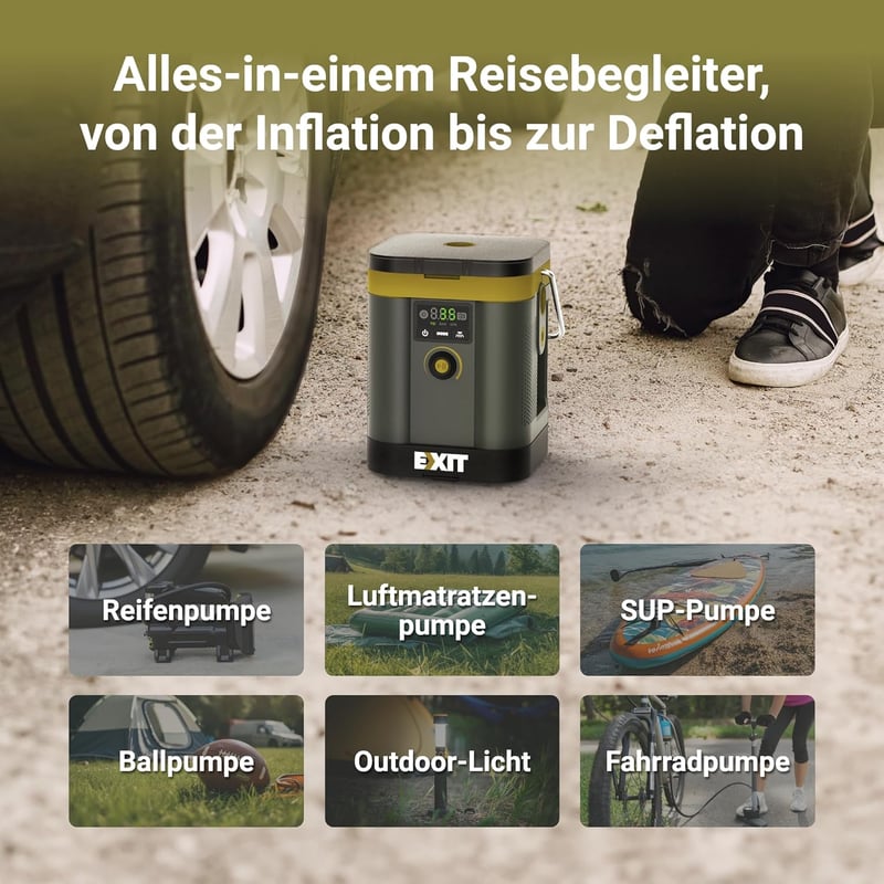 EXIT 20V Elektromos Pumpa 150 PSI - Autógumi Felfújó LED Világítással, Digitális Nyomásmérővel - Kerékpár, Labda, SUP Pumpa Akkumulátorral