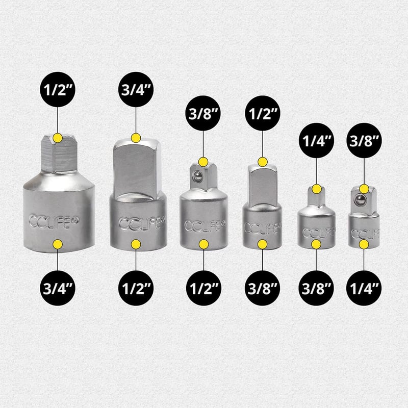 CCLIFE 6 részes Dugókulcs Adapter Készlet - 1/4", 3/8", 1/2", 3/4" Méretekben, Króm-Vanádium Acélból, Szerelőknek és Barkácsolóknak