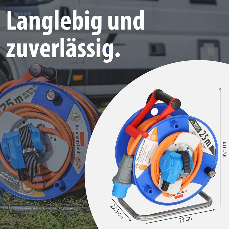 Brennenstuhl Kábeldob 25m Kék - Kültéri Használatra, Műanyag Házzal, 230V, Önzáró Védőérintkezős Kombinált Aljzattal, Hordozható Kivitel