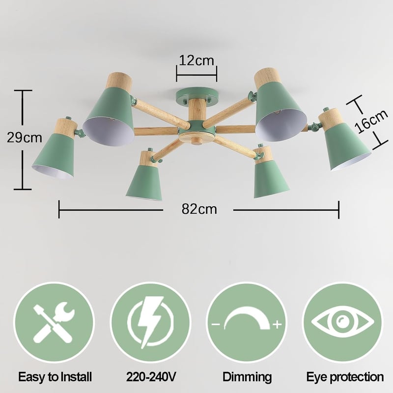 Schindora Zöld Mennyezeti Lámpa 6 Izzóval - 82 cm Fa és Vas Étkezőasztal Csillár, Állítható Karokkal, Modern Világítás Nappaliba, Konyhába, 