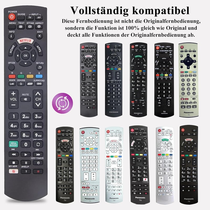 FOXRMT Univerzális Távirányító Panasonic TV-hez - Kompatibilis HDTV LCD LED Smart TV Modellekkel, Netflix és Viera Link Gombokkal, Programoz
