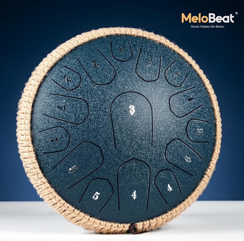 MeloBeat Tongue Drum 33 cm 15 Hangú - Professzionális Acél Handpan D-dúrban, Dalkönyvvel, Ütőkkel és Hordtáskával (Sötétkék)