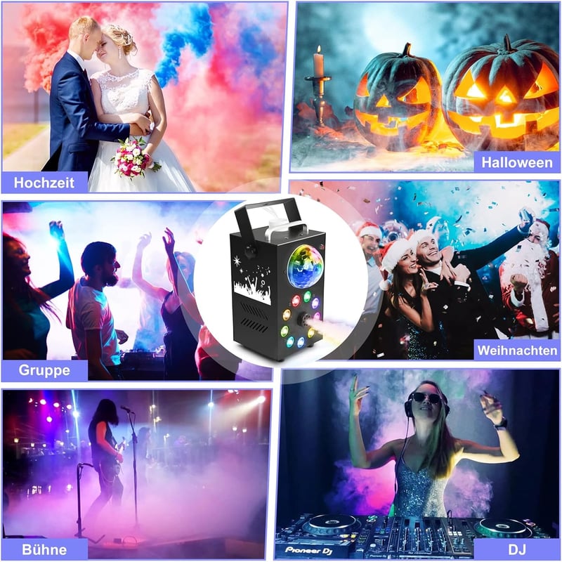 HOLDLAMP Ködgép 500W 8 LED Fénnyel RGB Színes Fényeffektekkel Távirányítóval Parti Halloween Esküvő Színpad Rendezvény