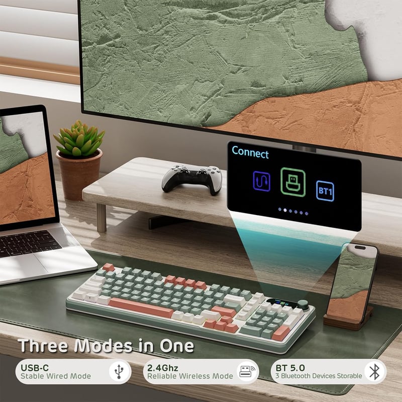 RK ROYAL KLUDGE S98 Mechanikus Billentyűzet Okos Kijelzővel, 96% Vezeték Nélküli, Bluetooth/2.4G/USB-C, Hot-Swap, Agyag Zöld - Clay Green