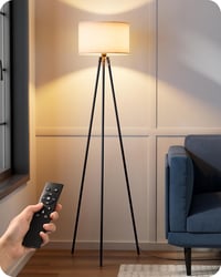 EDISHINE Fém Tripod Állólámpa - Távirányítós LED Dimmelhető Olvasólámpa Nappali és Hálószobába, Len Lámpaernyővel, E27 LED Izzóval, Fekete 1
