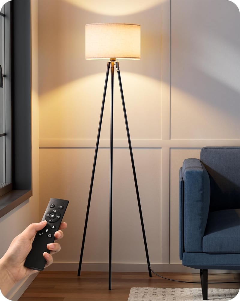 EDISHINE Fém Tripod Állólámpa - Távirányítós LED Dimmelhető Olvasólámpa Nappali és Hálószobába, Len Lámpaernyővel, E27 LED Izzóval, Fekete