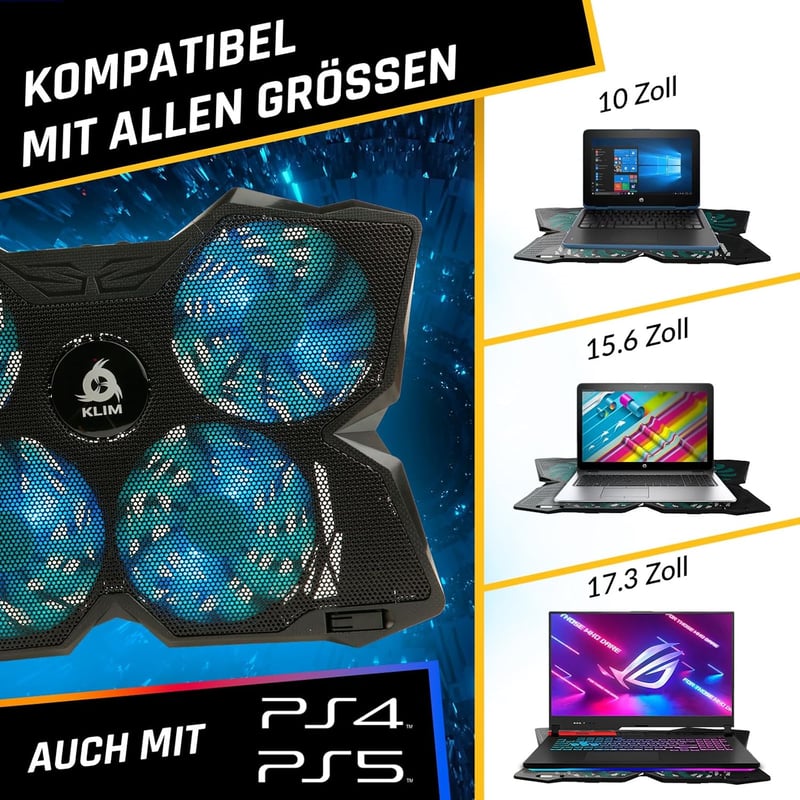 KLIM Wind Laptop Hűtőpad 4 Ventilátorral 1200 RPM USB Hűtés Cyan