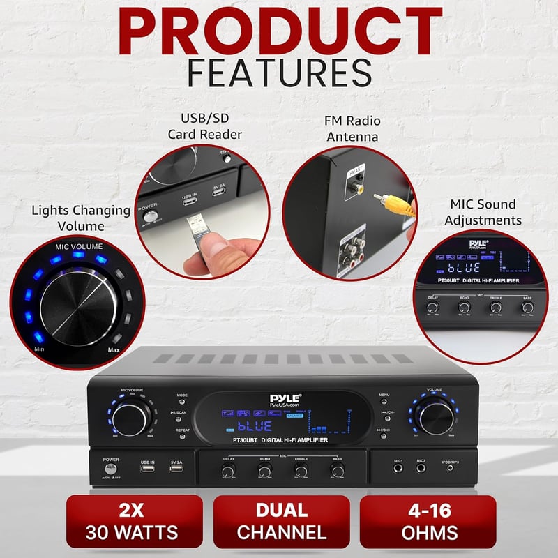 Pyle Bluetooth 5.3 Házimozi Erősítő - 2x30W Sztereó Rendszer MP3/USB/FM Támogatással, Visszhang/Mély/Magas Hangszabályzóval, Vezeték Nélküli