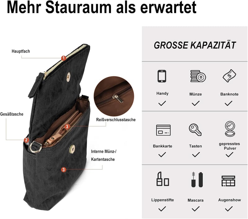 Gladdon Fekete Női Kis Méretű PU Bőr Válltáska Mobiltartóval