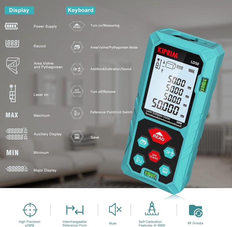 Kiprim LD50 Digitális Lézeres Távolságmérő 50m, LCD, Többfunkciós, IP54