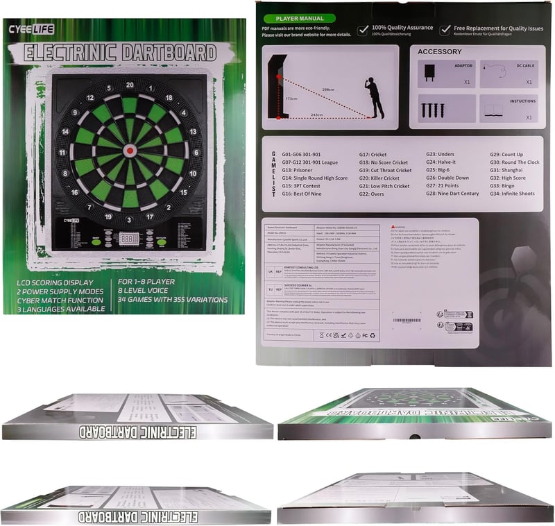 CyeeLife Elektronikus Darts Tábla LCD Kijelzővel - 34 Játék, 355 Variáció, Német Hangvezérléssel - 12 Puha Nyíl, 24 Toll, 50 Hegy, USB Töltő