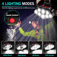 DAWINSIE LED Fejlámpa USB Tölthető, 8 LED 12000lm, 4 Üzemmód, Vízálló, 90° Forgatható, Túrázáshoz, Kempinghez, Horgászathoz 3