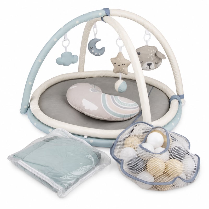 Centru de activități 3 în 1 MoMi PASTEL, utilizat, cu arcadă pentru jucării, piscină cu bile, 5 jucării, 20 de bile cu husă și pernă pentru târât