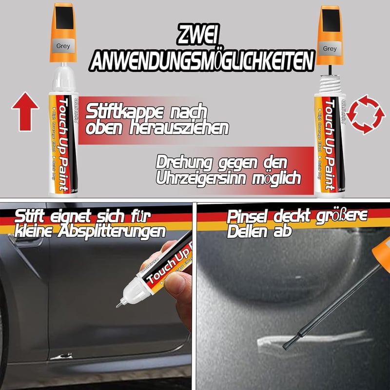 Galitoon Autófesték Toll - 2 az 1-ben Karosszéria Javító Ceruza Kisebb Karcolásokhoz - 20ml Szürke Magasfényű Festék Rozsdaálló Külső Felüle