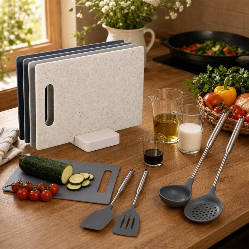 Konyhai indulólendület: 4 db vágódeszka + 2 db spatula + merőkanál + lyukas kanál + 3 db mérőpohár