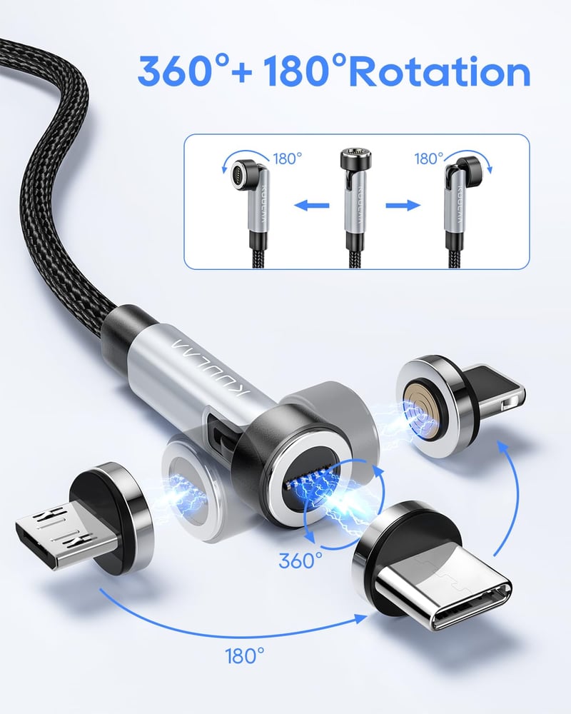 KUULAA 6 az 1-ben mágneses töltőkábel, 360°-os, USB-C/A, 2m, gyorstöltés