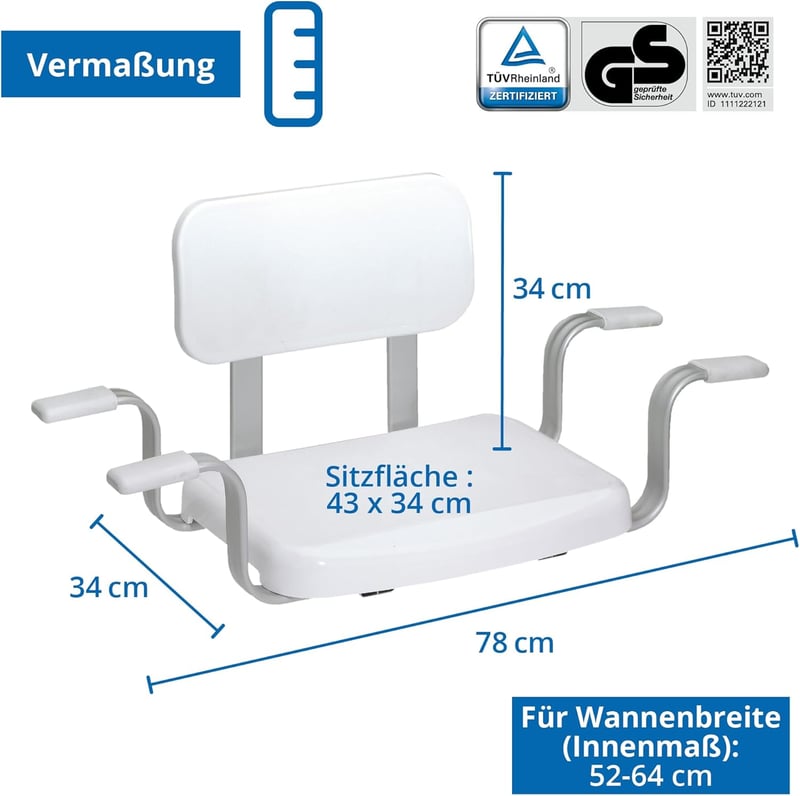Weinberger Fürdőkád Ülőke Háttámlával, 150 kg Teherbírás, Csúszásgátló, 52-64 cm Kádszélesség, Modern Fürdőszobai Segédeszköz Időseknek