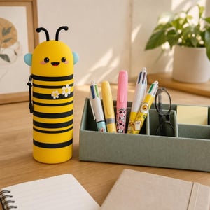 Set organizator birou: 1x penar 2 în 1 + 1x organizator 4 compartimente + 1x set pixuri și marker