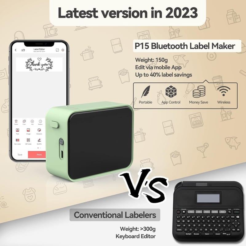 Pristar P15 Bluetooth címkenyomtató, öntapadós címkék, iOS Android, zöld
