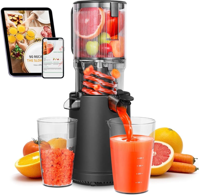 AOBOSI Slow Juicer 126 mm Extra Széles Adagolónyílással - Egész Gyümölcsök Préselésére, Erőteljes Motorral, Hármas Szűrőrendszerrel, Fekete