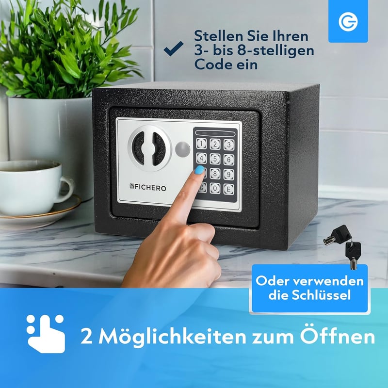 Silvergear Elektronikus Széf Otthonra - 3-8 Számjegyű Kóddal, 2 Kulccsal, Tűzálló Acél Páncélszekrény Pénz és Ékszer Biztonságos Tárolására,