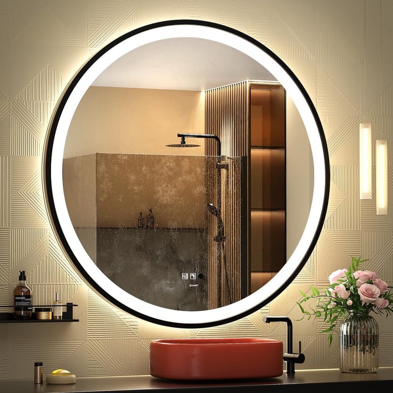 GANPE LED Szenzoros Tükör 80 cm - Kerek Mozgásérzékelős Fürdőszobai Fali Tükör, Fényerőszabályozás, Páramentesítés, IP44 Vízálló