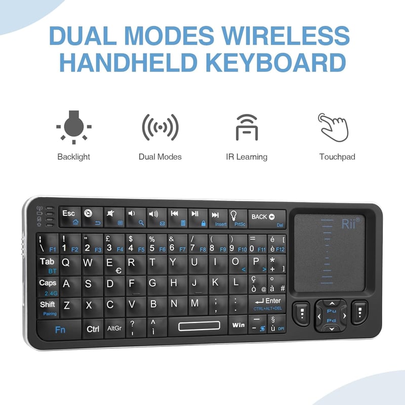 Rii Mini i6 Vezeték Nélküli Billentyűzet Touchpaddal - Bluetooth, IR, USB - Smart TV, TV Box, Tablet, Okostelefon, PC, Konzol Kompatibilis