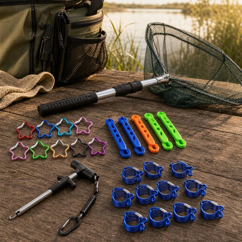 Ribolovni set za pomoć: dehooker + 6x klip za strunu + 20x kopča + 55 cm mreža