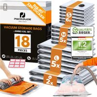 PACKDUDE Vákuumzsák Szett 18 db - 8 Porszívós és 10 Hengeres Tárolózsák Ruhákhoz, Különböző Méretekben, Extra Stabil Műanyagból 1