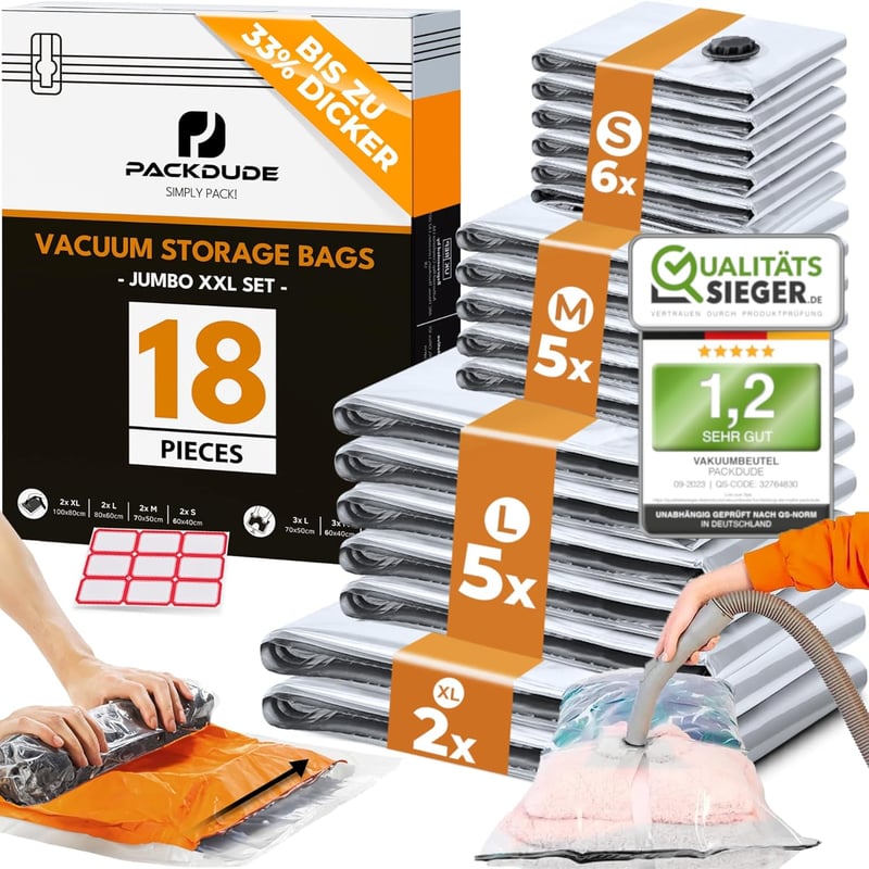 PACKDUDE Vákuumzsák Szett 18 db - 8 Porszívós és 10 Hengeres Tárolózsák Ruhákhoz, Különböző Méretekben, Extra Stabil Műanyagból