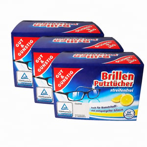 Șervețele pentru curățarea ochelarilor Gut & Günstig, fără dâre, 3 pachete a câte 54 bucăți, pentru lentile din plastic și antireflex — set de 3 bucăți