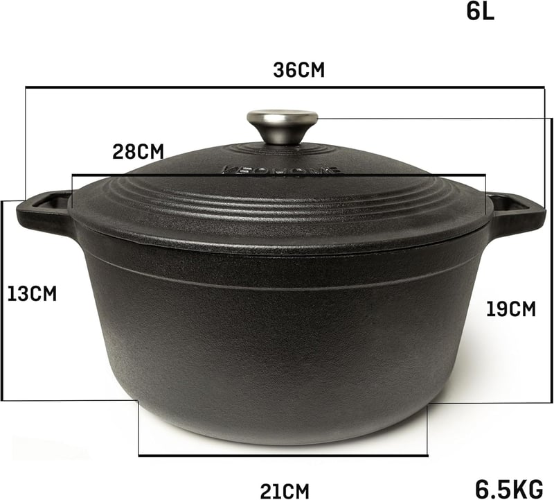 VeoHome 6L Öntöttvas Lábas Matt Fekete Zománcozott | Sütő-Főzőedény | Kenyérsütéshez | Holland Sütő | Hőálló Fazék 28cm