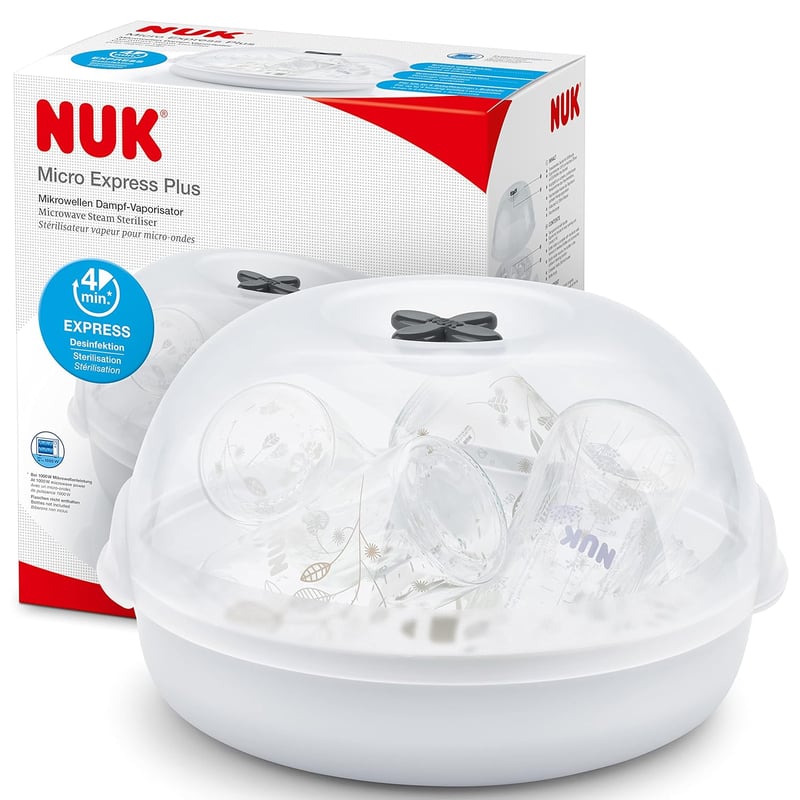 NUK Micro Express Plus Mikrohullámú Cumisüveg Sterilizáló - Gyors Fertőtlenítés 5 Percen Belül, Fehér, 570g, Babáknak