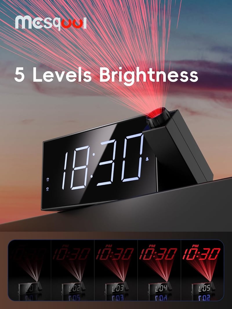Digitális Projektoros Ébresztőóra 7" LED Kijelzővel - Fényerőszabályzás, 180° Forgatható Projektor, USB Töltő, Szundi Funkció, Tartalék Elem