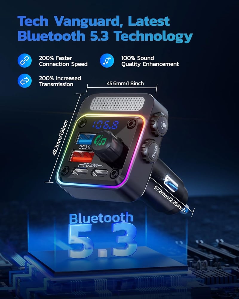 Nulaxy 54W Bluetooth 5.3 FM Transzmitter Autóba - 4 Töltőporttal (PD 36W & QC3.0 18W), 5 Színű LED Háttérvilágítás, Mélyhangzású Lejátszó, K