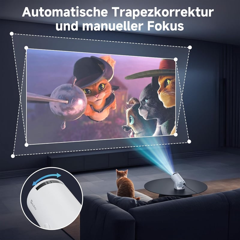 Polocsh Mini Projektor WiFi 6 és BT 5.2 - 720P Full HD, Automata Keystone Korrekció, 180° Forgatható, 130" Képméret, Android 11.0 - Telefon/