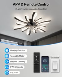 YUNLONG 78 cm Fekete Mennyezeti Ventilátor LED Világítással - Távirányítós, Szabályozható, 6 Sebességes, Csendes DC Motor, Nappali és Hálósz 4