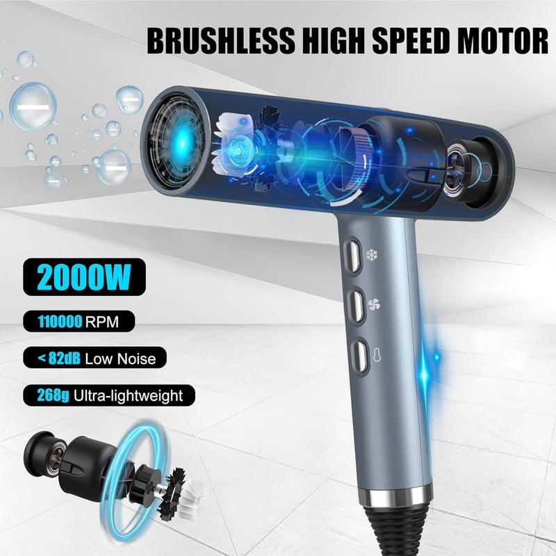 slopehill Hajszárító Kefe Nélküli Motorral - 2000W, Intelligens Hőszabályozás, LED Kijelző, Ionos Technológia, 268g Szuperkönnyű, Kék