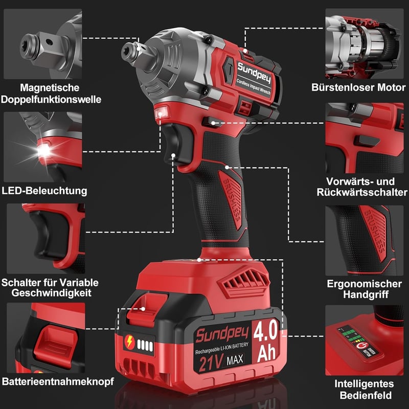 Sundpey Akkumulátoros Ütvecsavarozó 650 Nm - 21V Kétsebességes Behajtó 2db 4000 mAh Akkuval, 6 Dugókulccsal, 9 Fúróval, LED Világítással, Ot