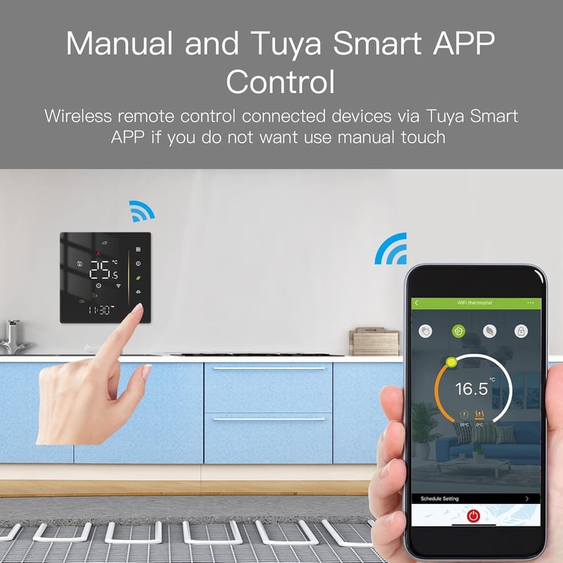 MOES WiFi Okos Termosztát Padlófűtéshez - Fekete Érintőképernyős Fűtésszabályozó Tuya/Smart Life Applikációval, Alexa/Google Hangvezérléssel